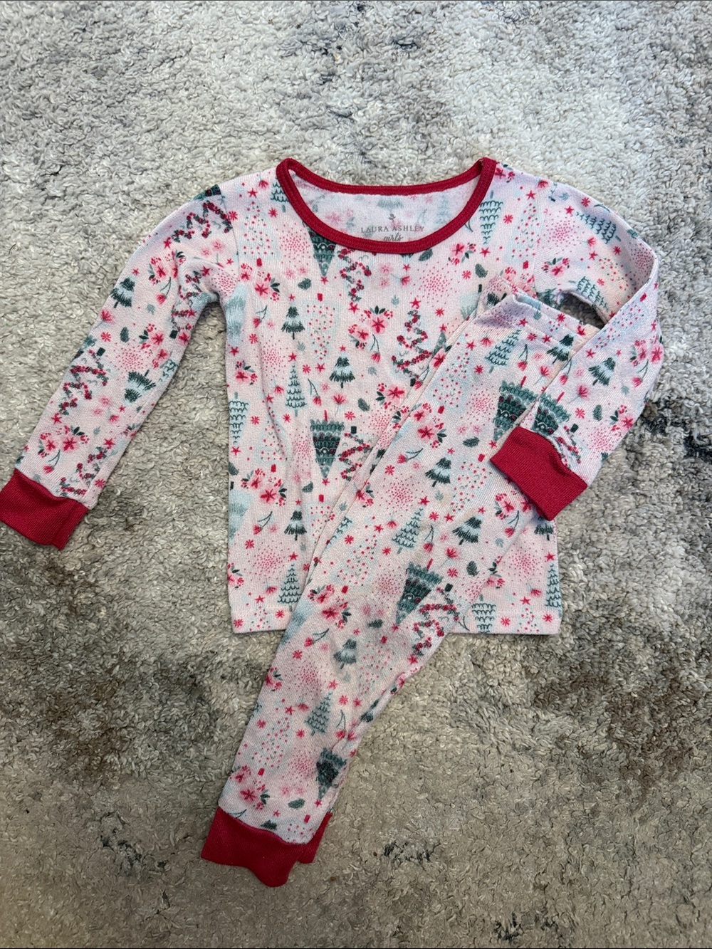 Laura Ashley Pink Holiday Tree and Red Trim Kids Pajama Set